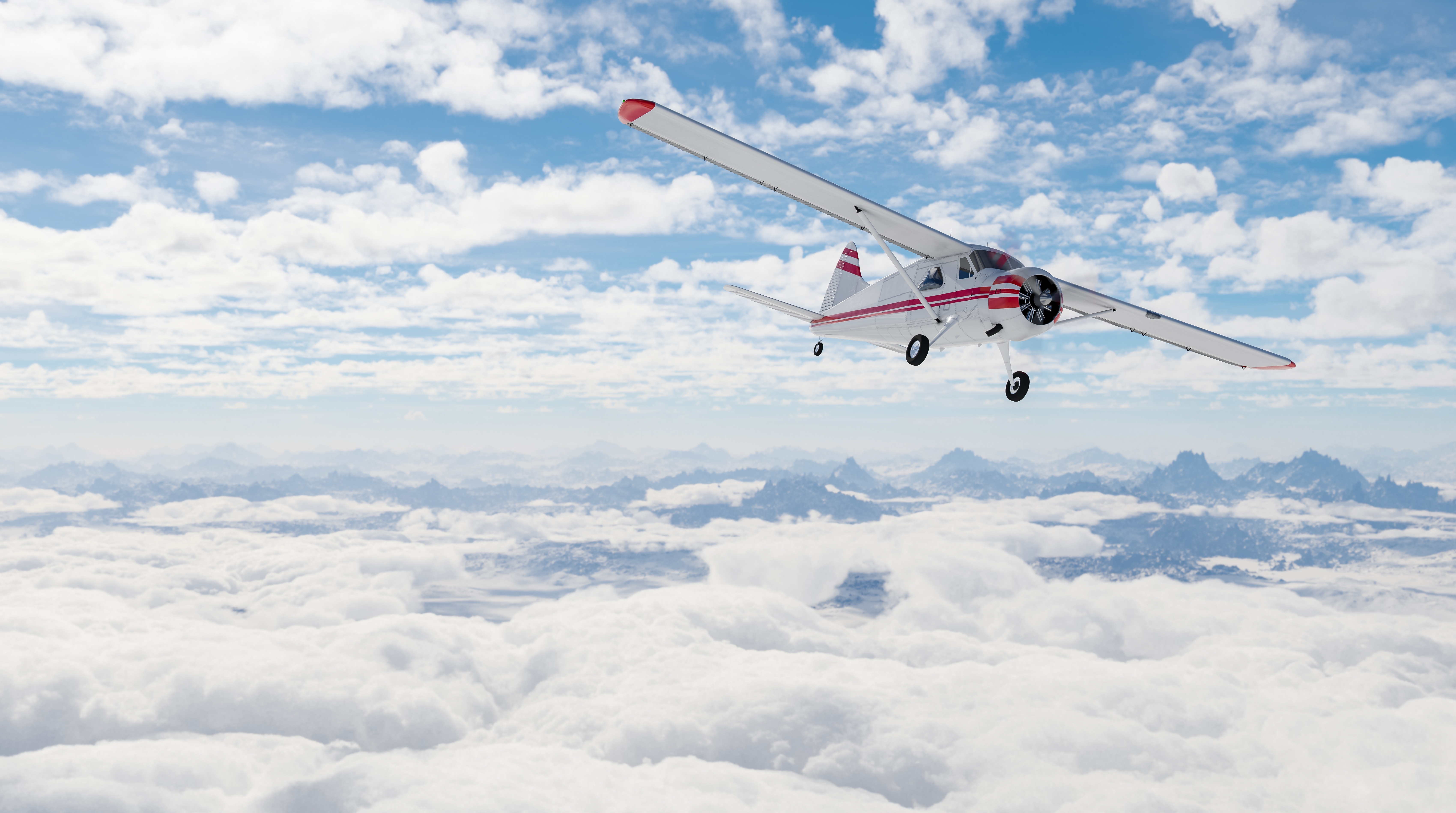 Small aircraft flying above the clouds